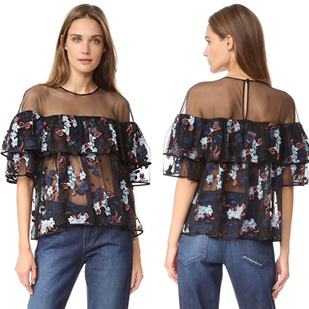 Cinq a Sept Korus Floral Ruffle Sheer Top XS - Picture 9 of 10